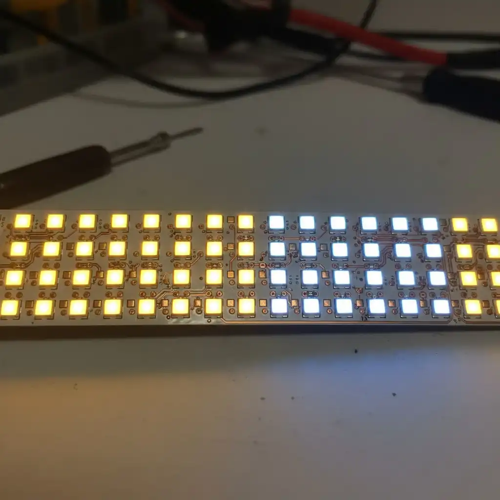 Tunable White LED Strip Chips A close-up shot of a tunable white LED strip showing both warm and cool white LED chips.