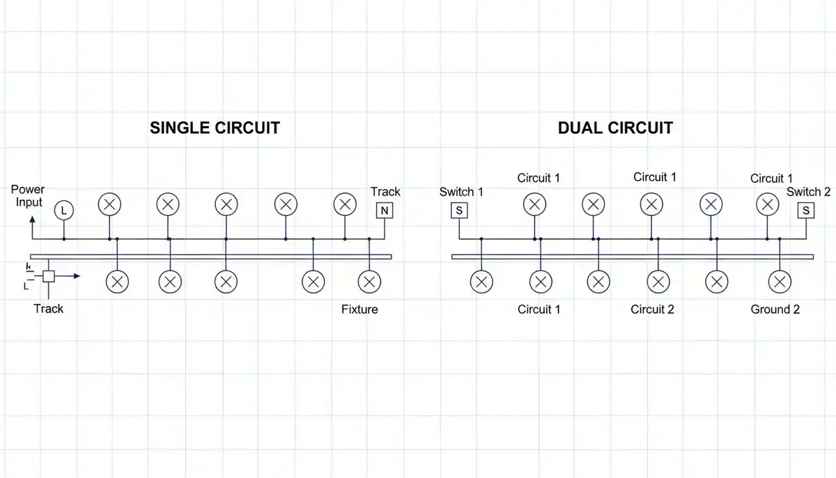 Diagram of single circuit vs dual circuit track lighting