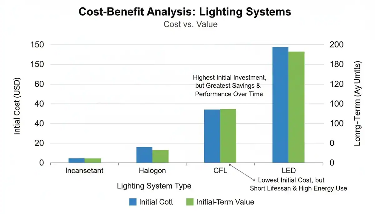Cost benefit analysis lighting chart showing cost vs value of lighting systems