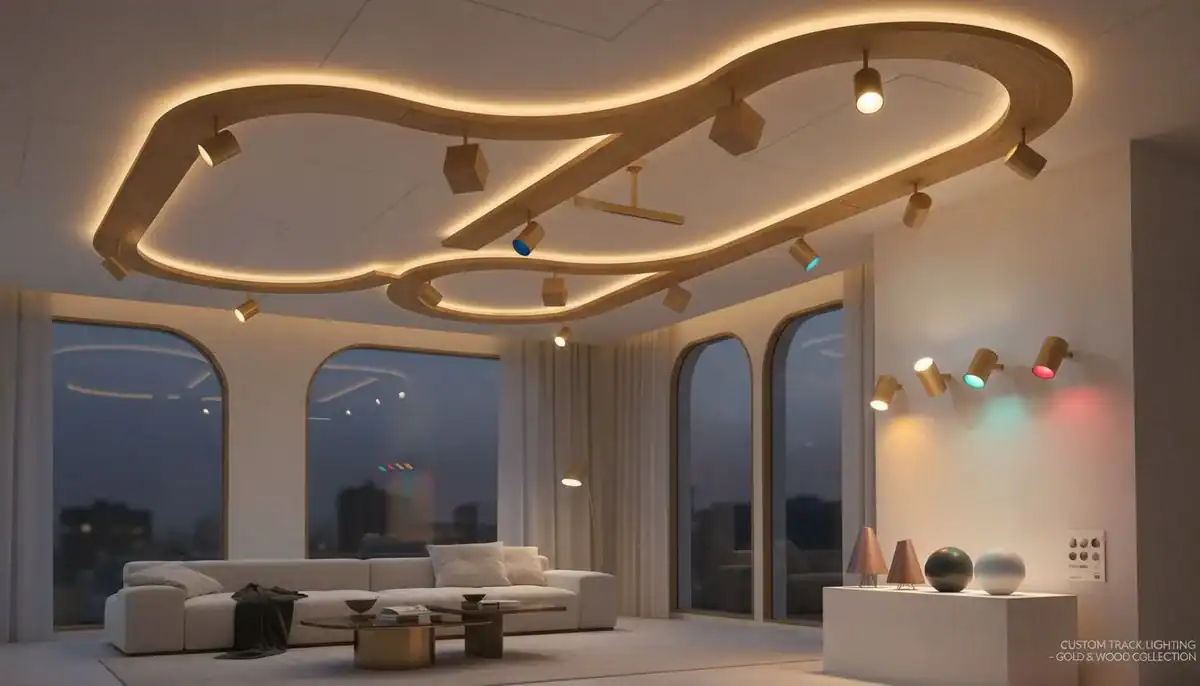 custom colored track lighting gold and wood grain