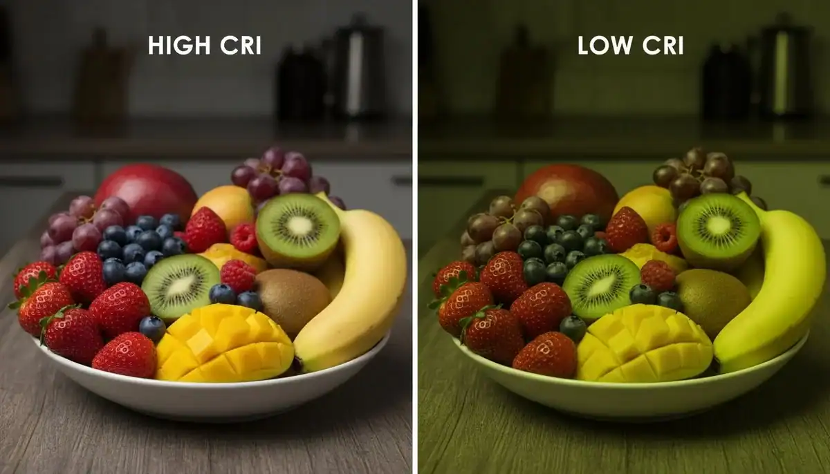 comparison of high CRI vs low CRI lighting on colorful fruit