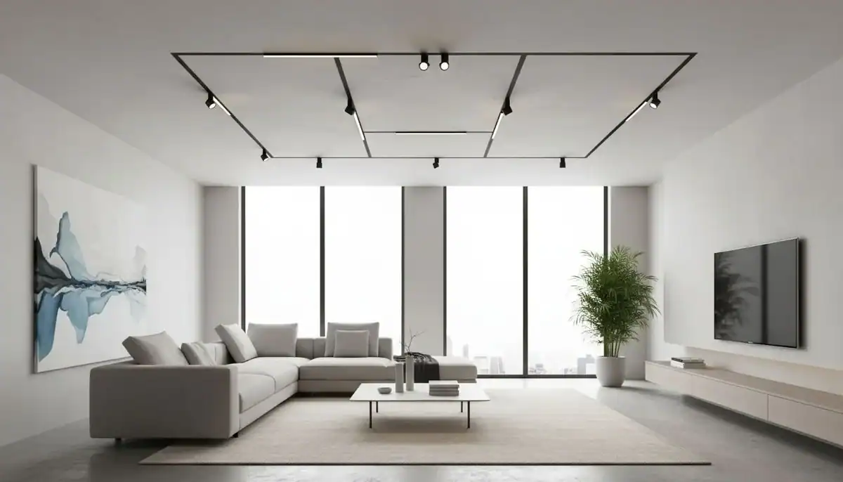 modern magnetic track lighting in a minimalist living room 2026 trend