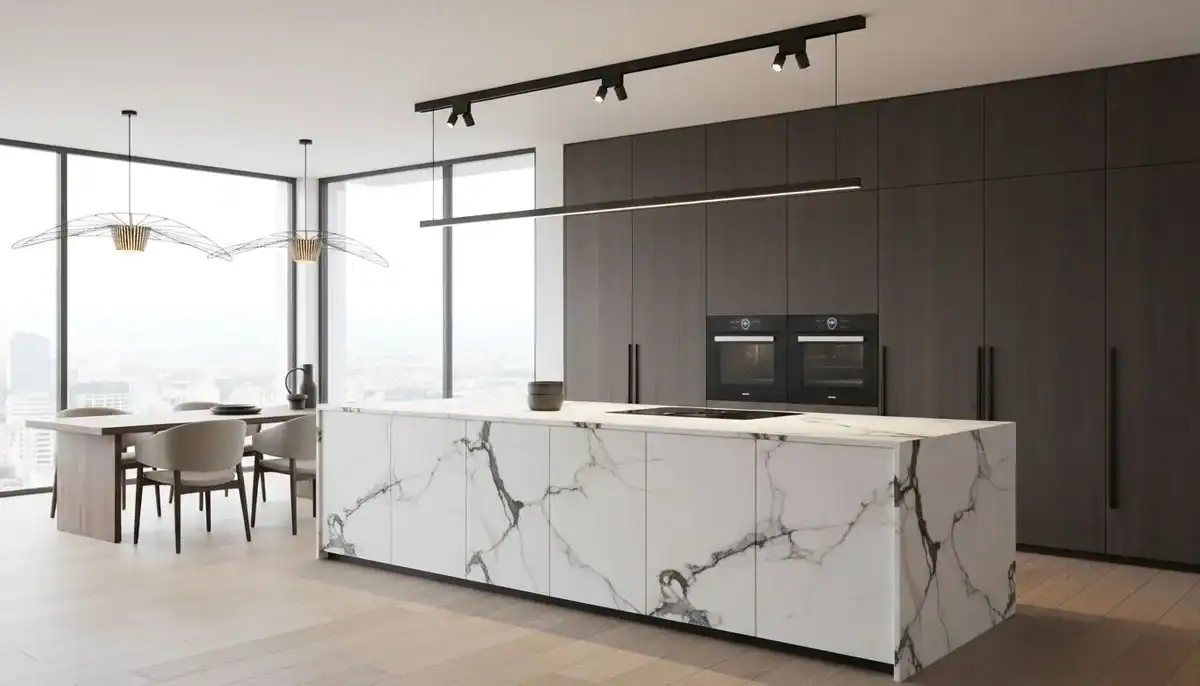 open plan kitchen with magnetic track lighting over island