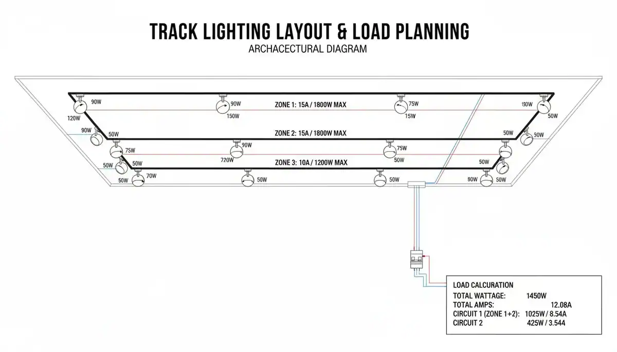 Layout and Load Planning diagram of track lighting layout with load calculation