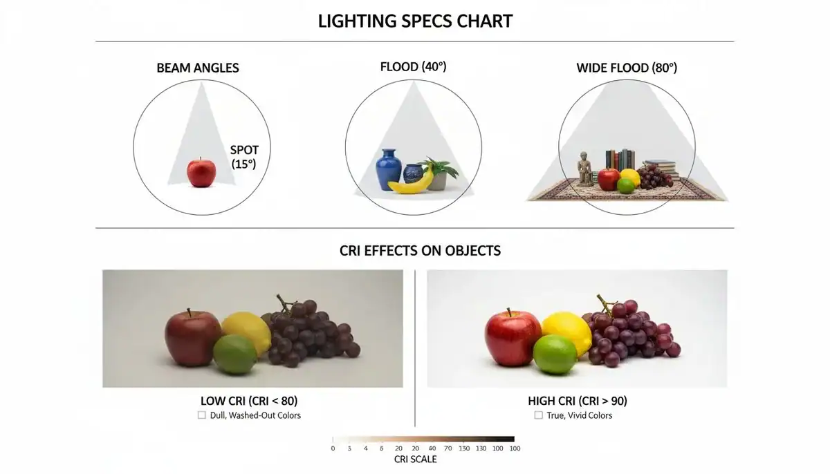 Lighting Specs Chart chart showing beam angles and CRI effects on objects