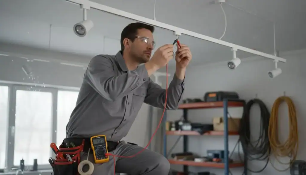 technician measuring track light contacts
