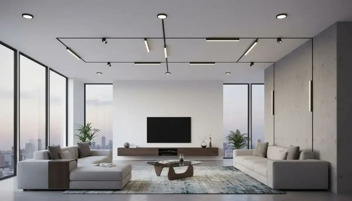 Modern alternative to track lighting modern living room with magnetic linear lighting and recessed led wafers