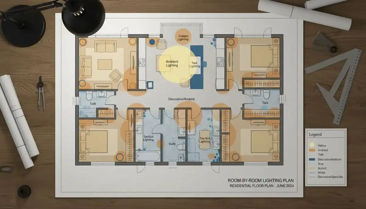 Room by room lighting plan floor plan with lighting zones highlighted