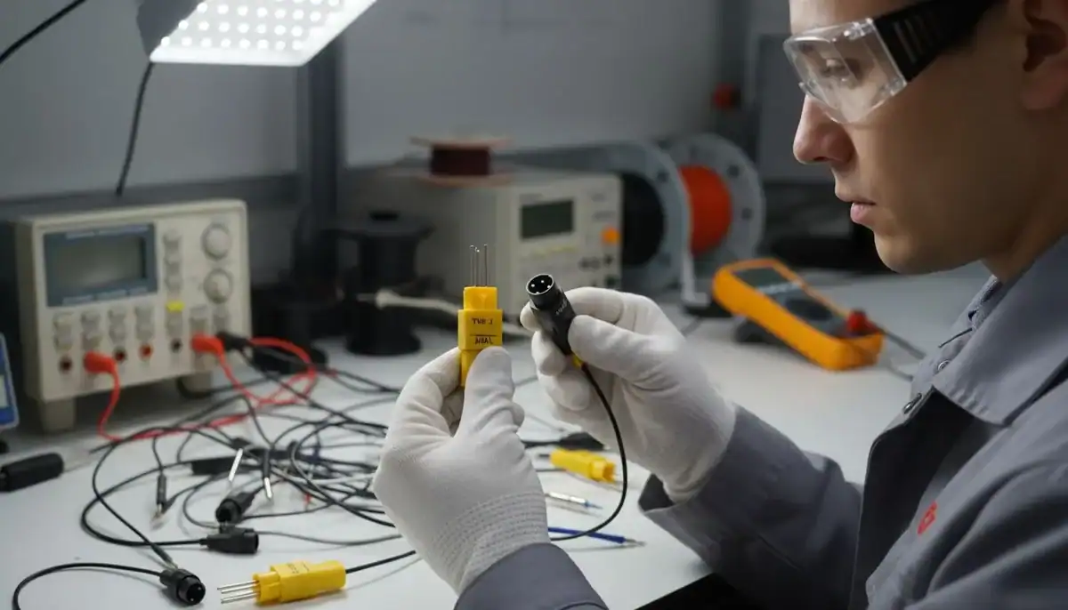 Technician comparing sensors technician holding type k and type j thermocouple connectors