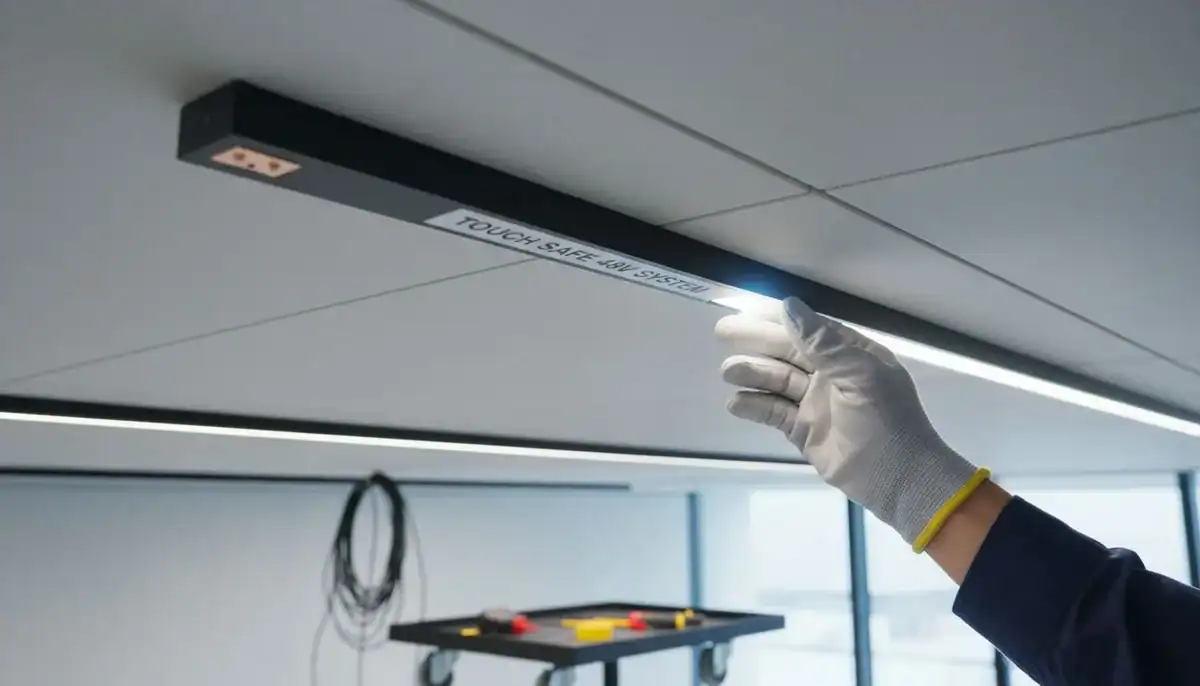 installer touching a magnetic track light safely