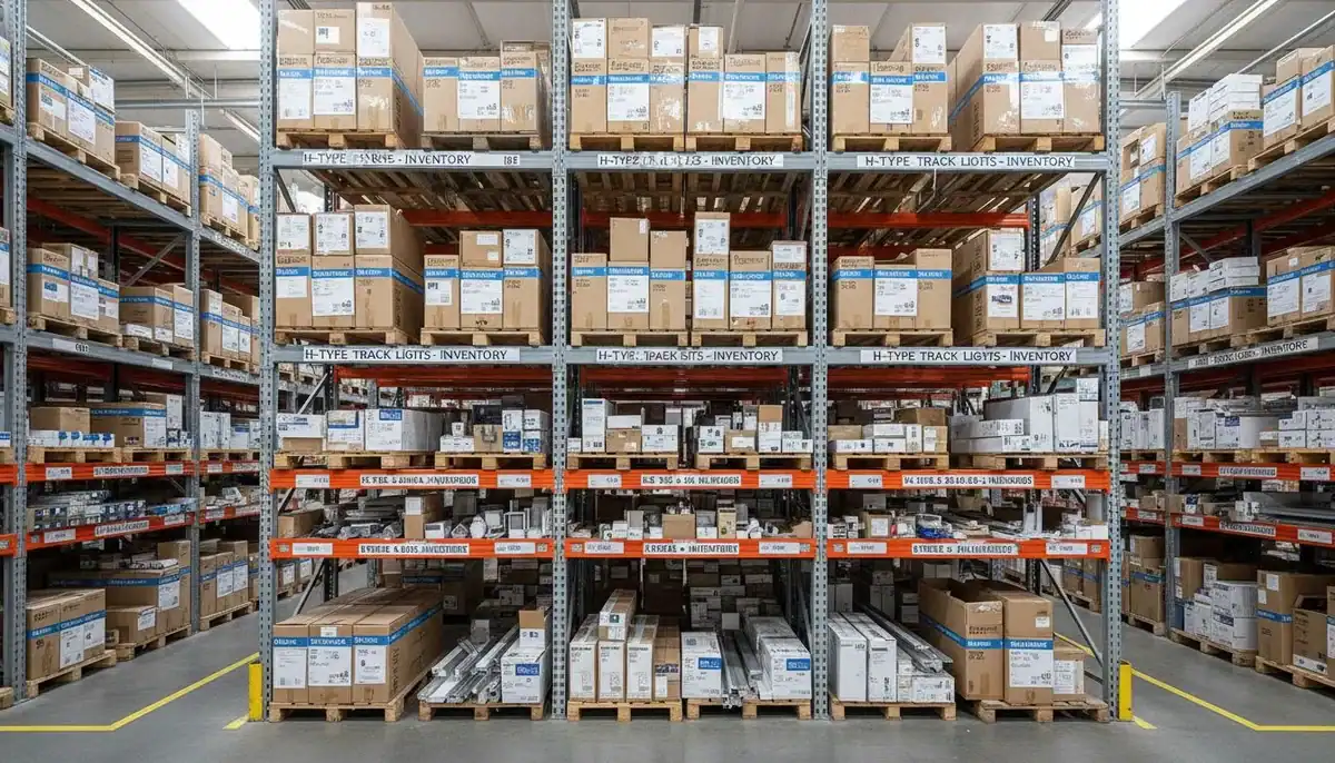 Warehouse shelves stocked with H-type track lights
