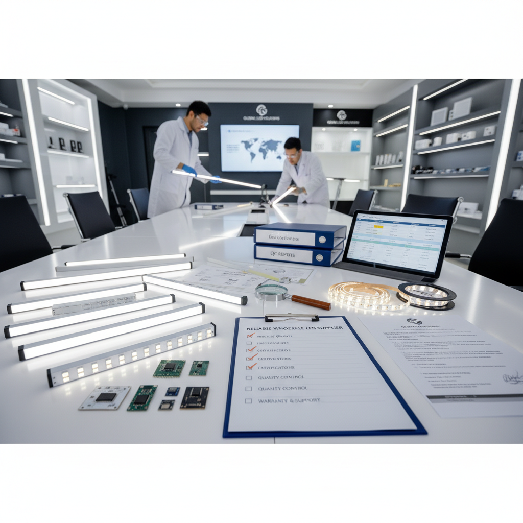 reliable wholesale LED supplier checklist scene with LED samples, certificates, QC reports, warranty document, engineer inspecting linear lights and strip lights, professional B2B mood, 16:9 reliable wholesale LED supplier checklist scene with LED samples, certificates, QC reports, warranty document, engineer inspecting linear lights and strip lights, professional B2B mood, 16:9