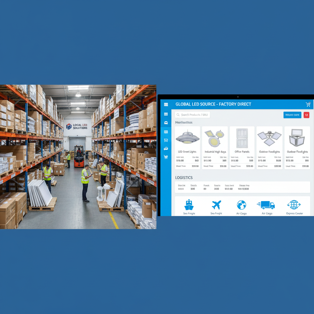 split screen comparison of local LED distributor warehouse and overseas LED factory online sourcing dashboard, commercial lighting products, logistics icons, practical B2B visual, 16:9 split screen comparison of local LED distributor warehouse and overseas LED factory online sourcing dashboard, commercial lighting products, logistics icons, practical B2B visual, 16:9