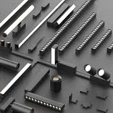 Various modern black architectural lighting fixtures displayed.