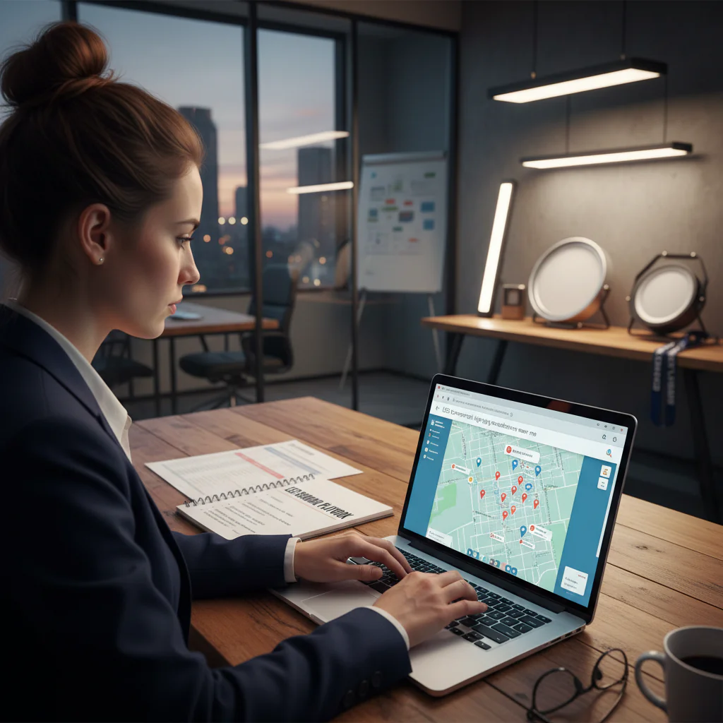 step by step sourcing playbook for nearby LED manufacturers, buyer using laptop with Google Maps, supplier profiles, trade show badges, commercial lighting samples, realistic office scene, 16:9