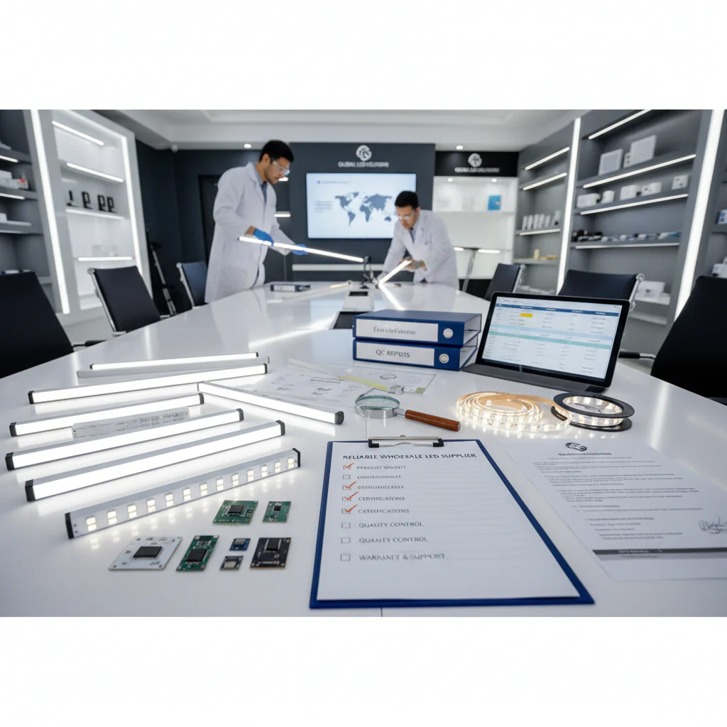 reliable wholesale LED supplier checklist scene with LED samples, certificates, QC reports, warranty document, engineer inspecting linear lights and strip lights, professional B2B mood, 16:9