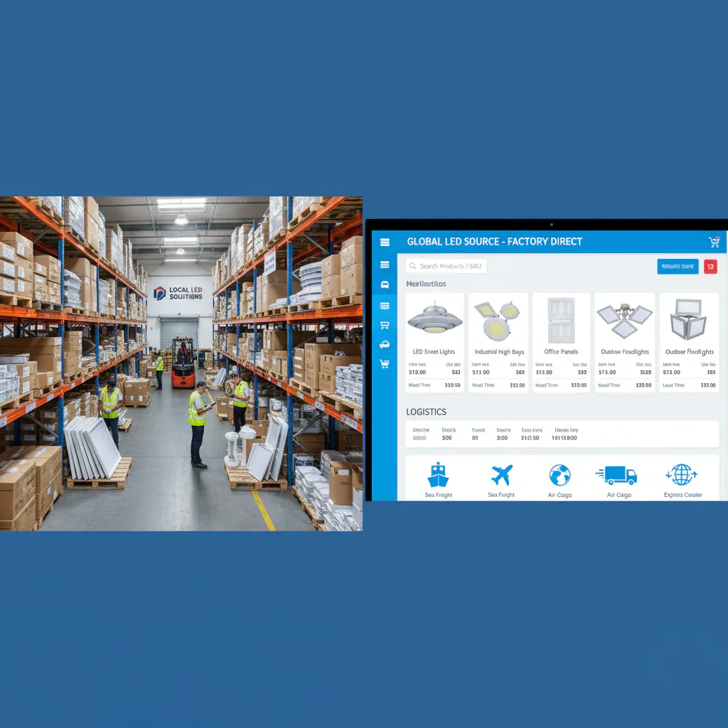 split screen comparison of local LED distributor warehouse and overseas LED factory online sourcing dashboard, commercial lighting products, logistics icons, practical B2B visual, 16:9