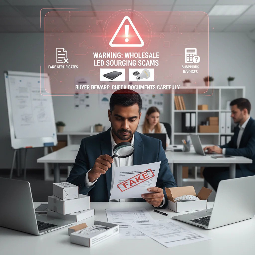 warning concept for wholesale LED sourcing scams, fake certificates, suspicious invoices, mismatched LED products, buyer checking supplier documents carefully, realistic business scene, 16:9