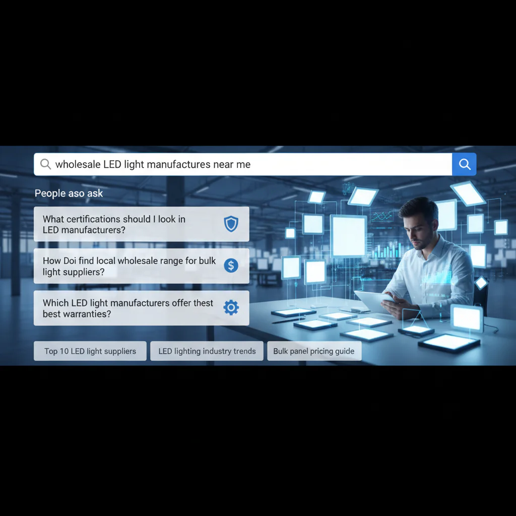 search results style visual showing people also ask questions about wholesale LED light manufacturers near me, buyer researching certifications, local suppliers, pricing, 16:9
