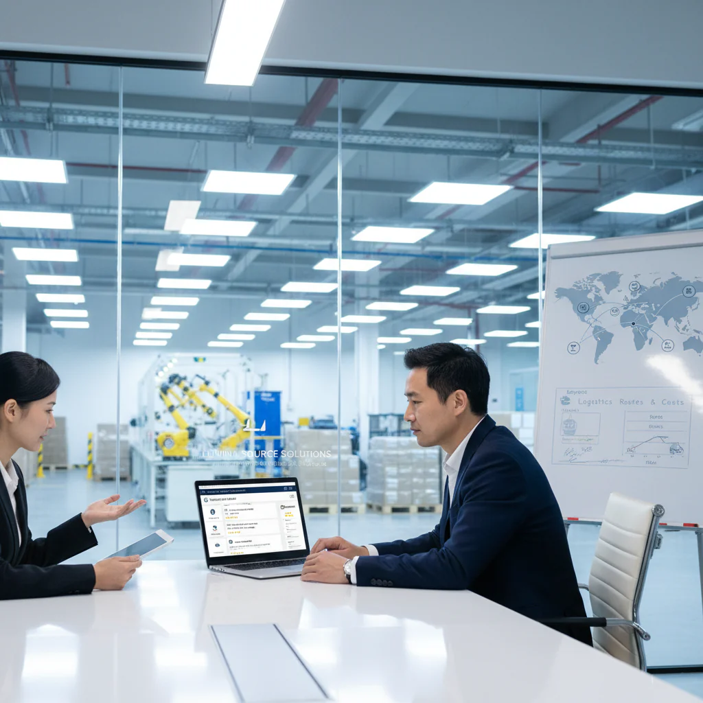 professional B2B sourcing scene for wholesale LED light manufacturers near me, buyer reviewing supplier shortlist on laptop with factory, warehouse lights, maps, and logistics elements, clean commercial style, 16:9