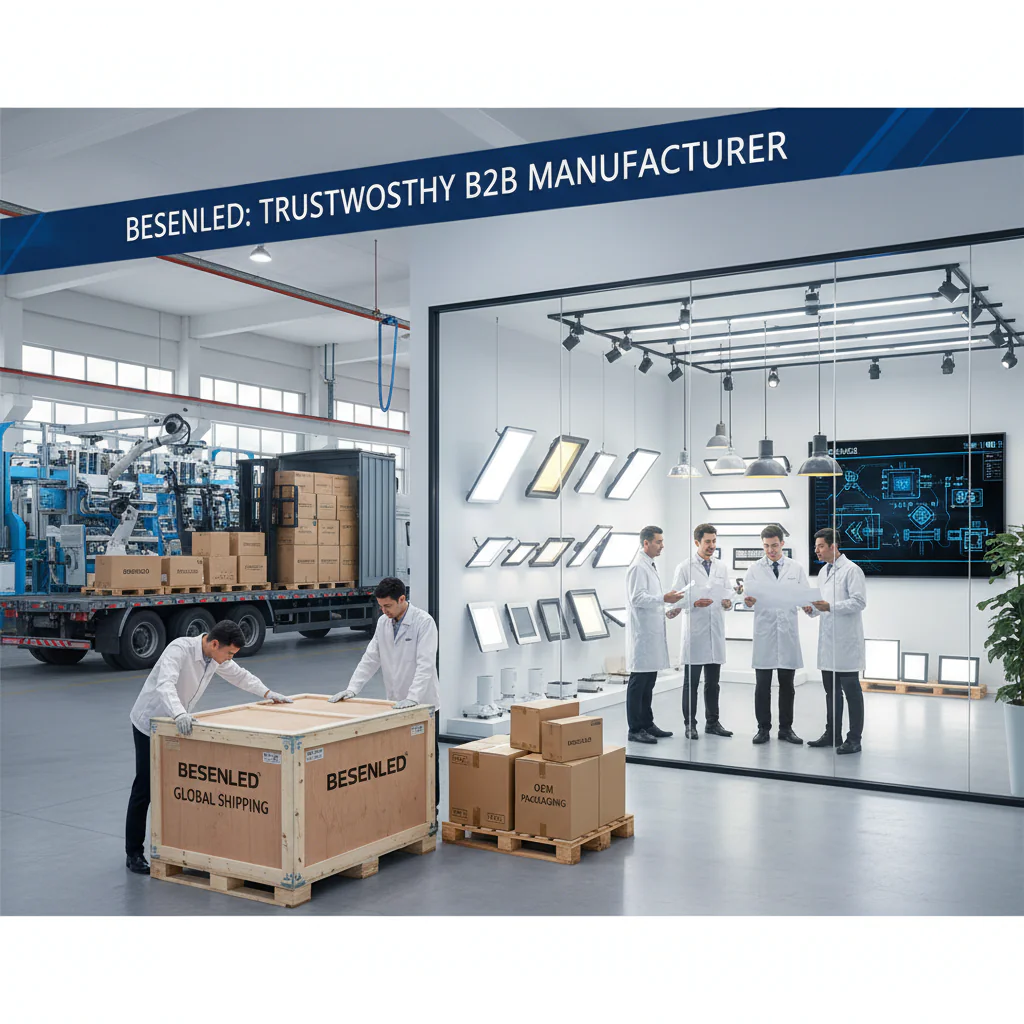 Besenled LED factory support scene with global shipping, commercial lighting products, OEM packaging, engineering team, trustworthy B2B manufacturer visual, 16:9